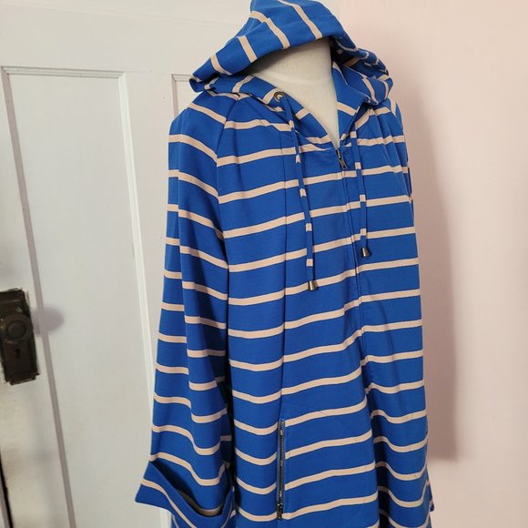 For Cynthia Blue and Tan Stripe Hooded High Low Jacket. Size XL - Picture 5 of 12